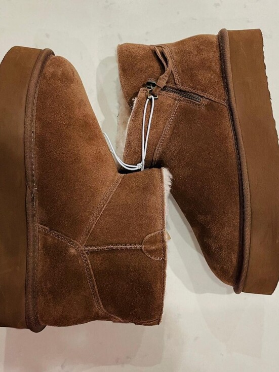 BearPaw Shoes - BearPaw Tan Suede Shearling Platform Ankle Boots